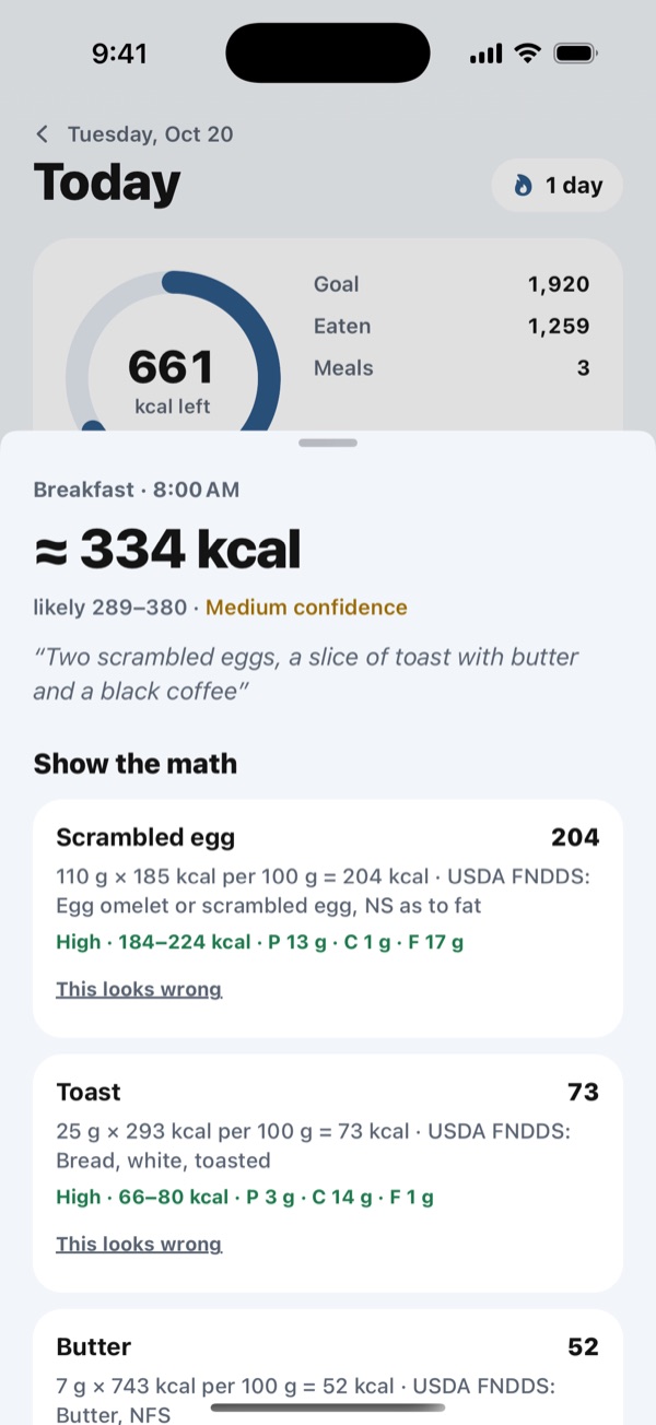 Show the math: grams times calories per 100 g, with the USDA source